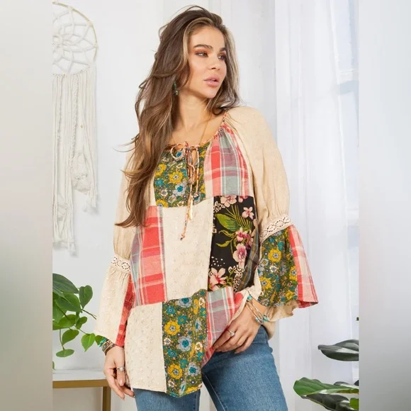 Young Threads Mixed Print Patchwork Boho Floral Tunic Top Latte Size Large NWT - Picture 1 of 9